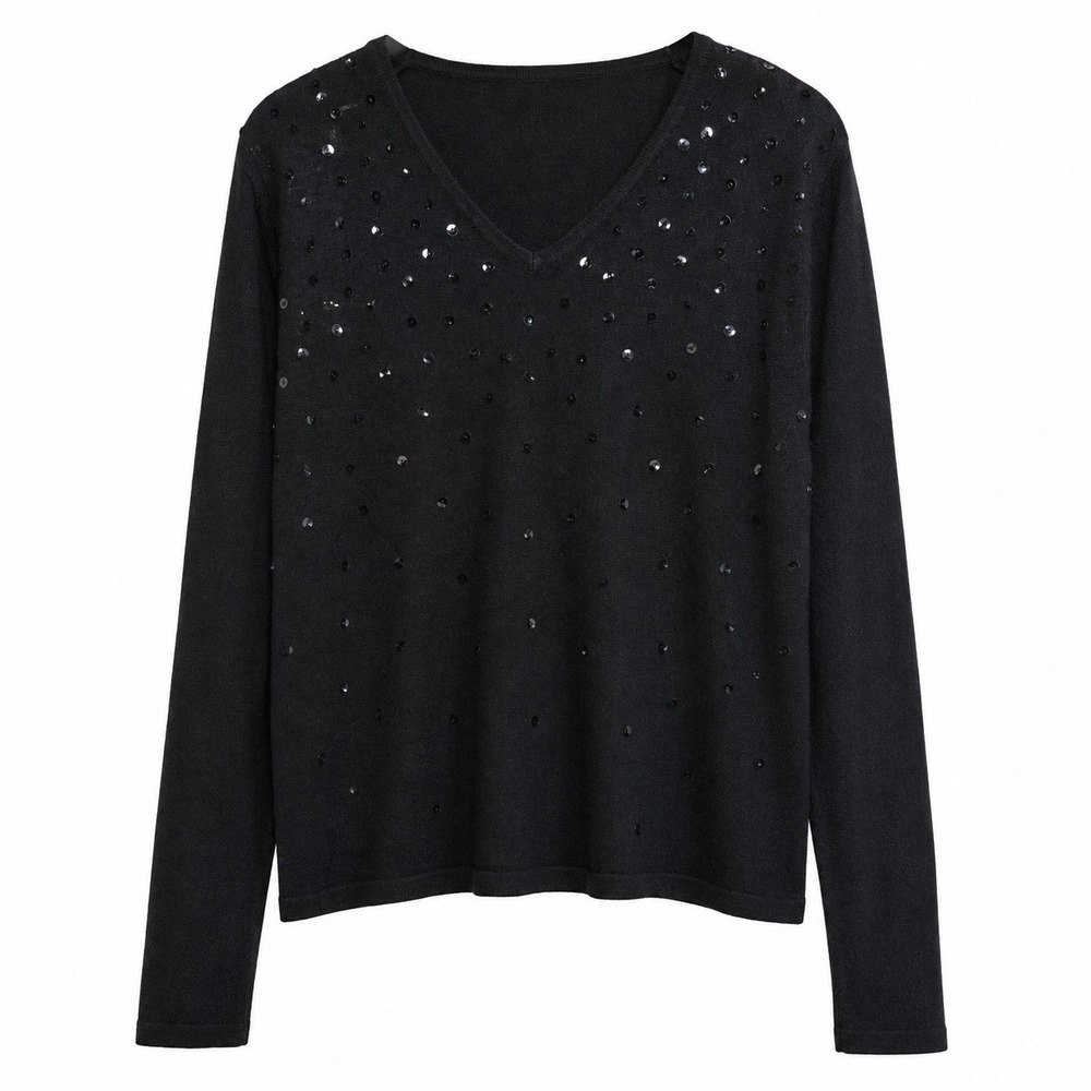 Kittie Lee Collection Womens XL Black Sequin V Neck Sweater Y2K Party Evening